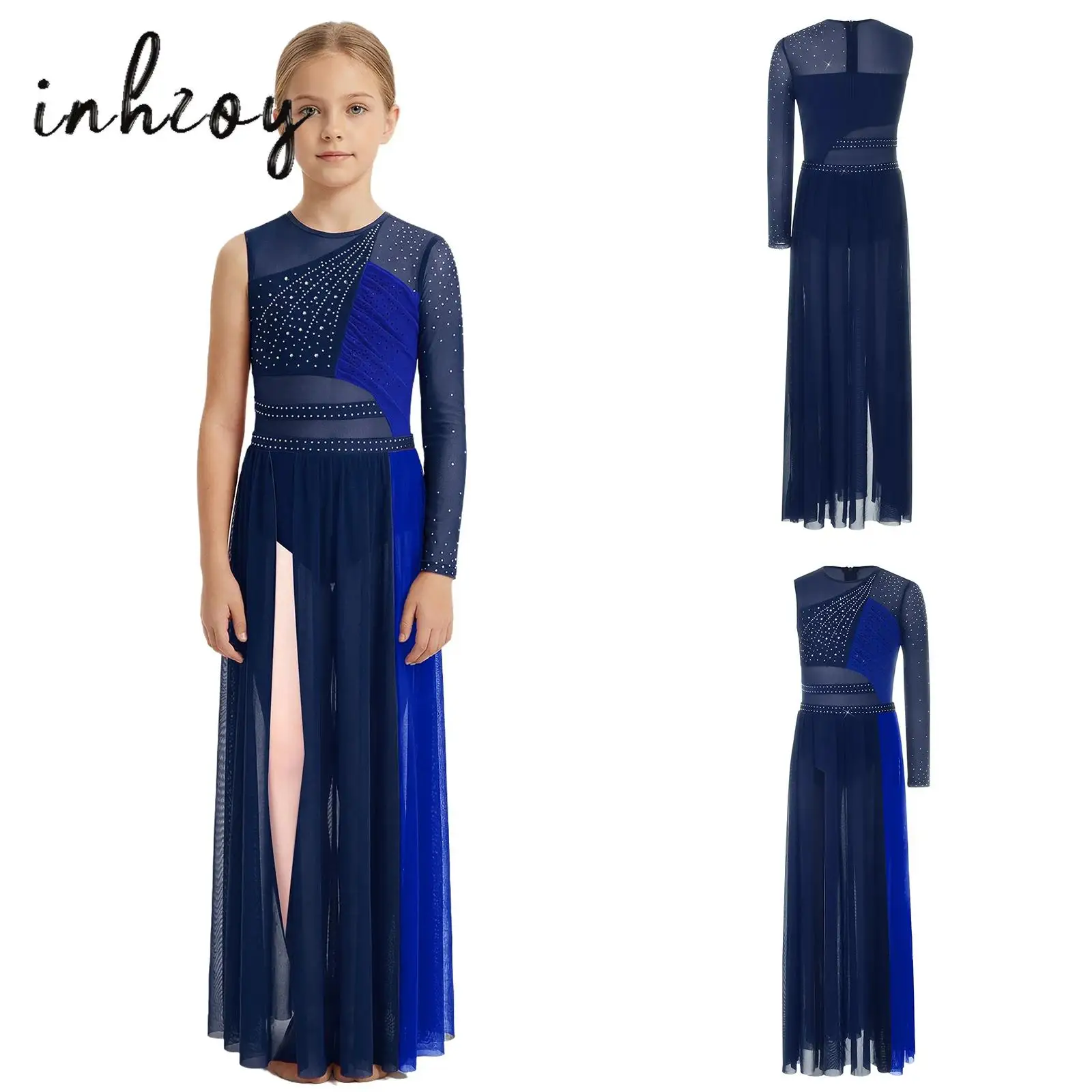 

Kids Girls Modern Lyrical Dance Dress Sparkly Rhinestones Back Zipper Color Block Patchwork Side Split Mesh Hem Leotard Dress