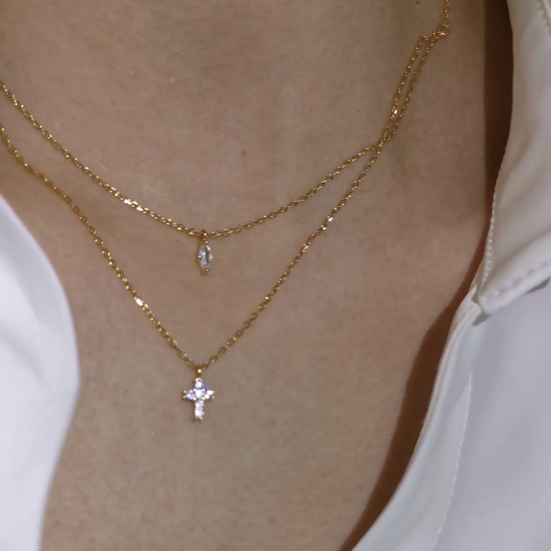 

Korea s925 sterling silver mini cross double chain necklace women set 18K gold women cross necklace