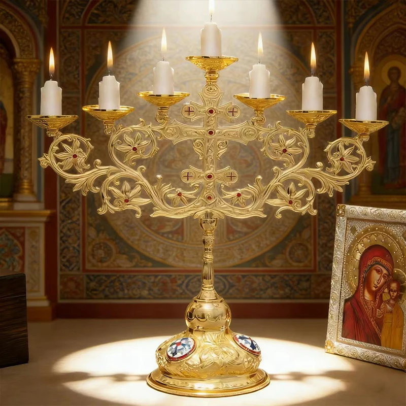 

New 2026 Symbolic Gold-Plated Orthodox Seven-Branch Candelabra with Icon Details for Church Altar and Home Devotional Practice