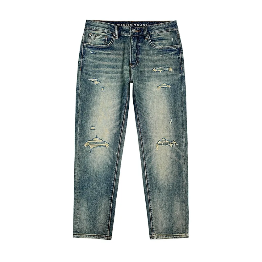 

Spring and autumn new slim straight-leg jeans for men, American-style retro washed heavy small-leg casual trousers