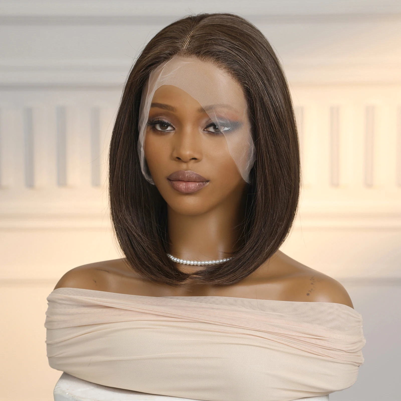 13x6 Lace Wigs Medium Brown Synthetic Wig Short BOB WIgs for Women Daily Party Heat Resistant Fiber Wigs with Dark Root