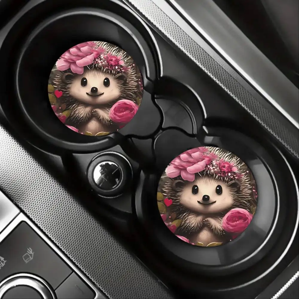 Hedgehog & Floral EVA Absorbent Car Coasters Stylish Women Auto Interior Accessories Gift Idea