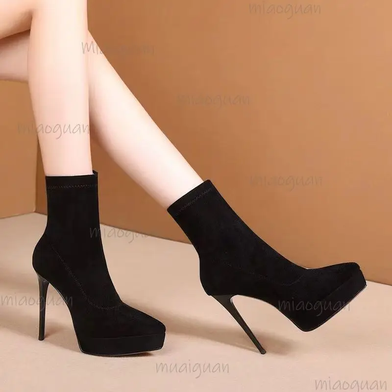 Wildleder Plateau Stiletto Stiefeletten Damen High Heel Slip-On Kurze Stiefel Mode Party Kleid Schuhe für Damen Zapatos Para Mujer