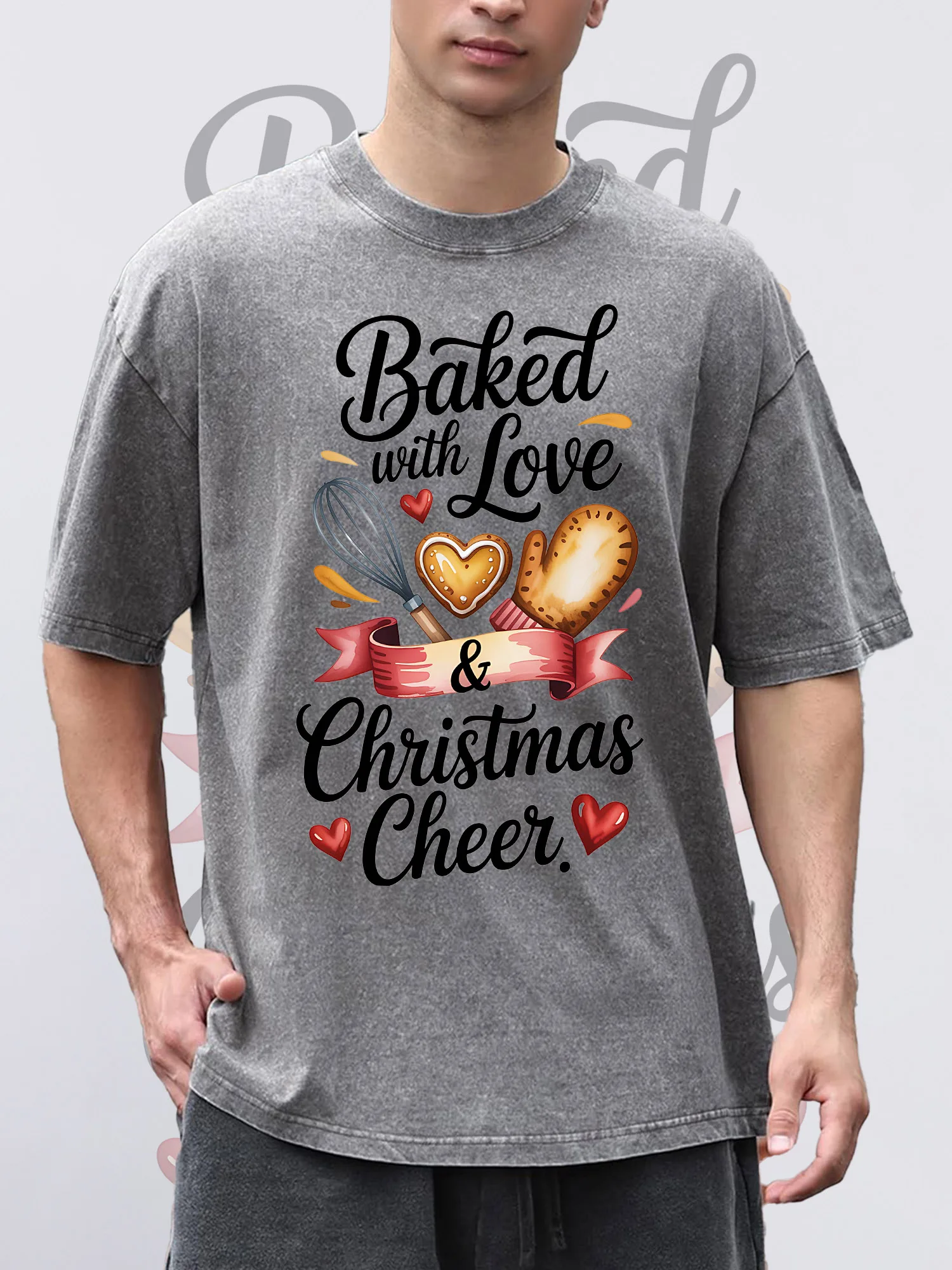 

Мужские футболки с рождественским принтом Cheer, серая футболка с короткими рукавами и круглым вырезом, свободная летняя футболка из 100% хлопка с кислотной промытой рождественской тематикой