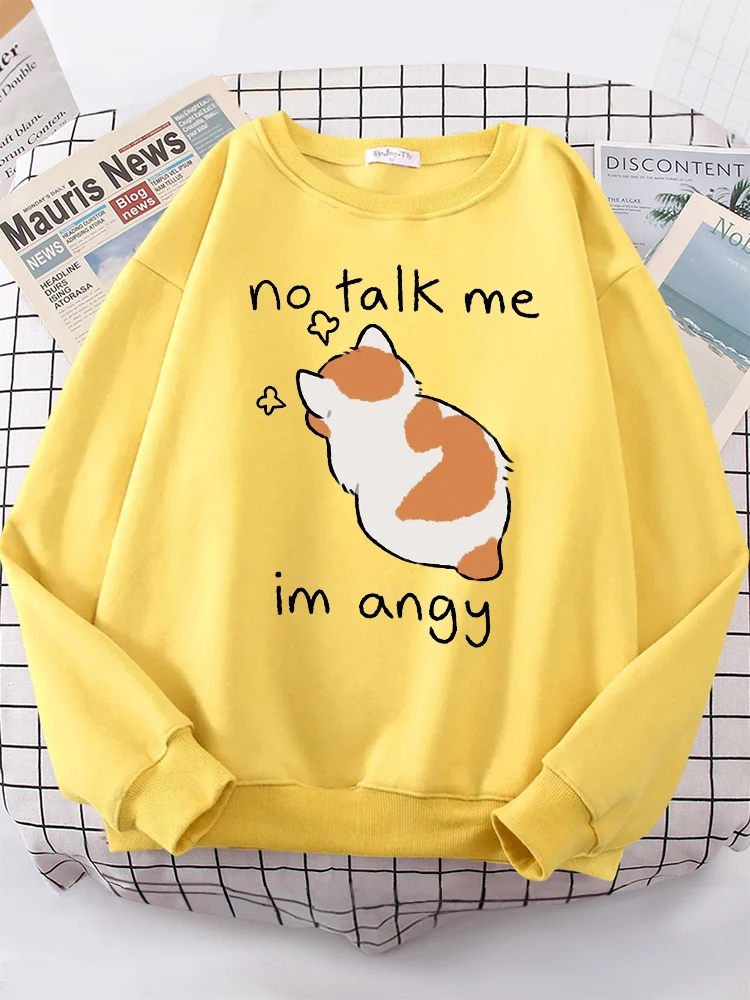 Female Sweatshirts No Talk Me Cute Angy Cat Print Top Women Harajuku Oversize Long-Sleeve Kawaii Animal 2024 New Lady Sweatshirt