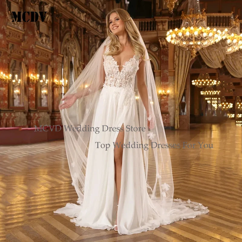 

MCDV Boho Beach Wedding Dress 2025 Floral Lace Appliques V Neck Sexy High Slit Backless Bridal Gown Custom Made Elegant