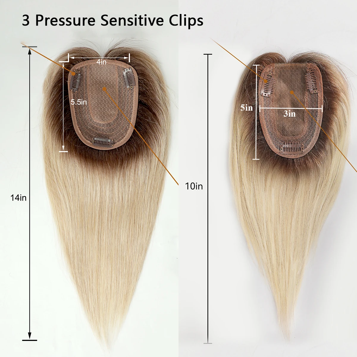 10/12/14 inches Hair Toppers for Women Brown Blonde Ombre Human Hair Toppers Silk Base Clips in Hair Extension Topper With Bangs