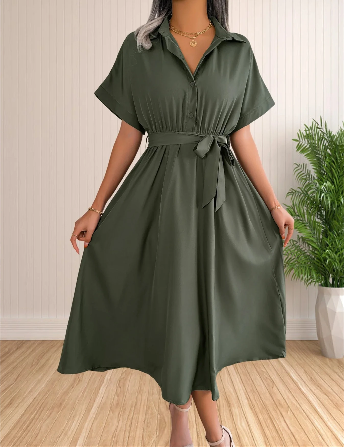 فستان نسائي بياقة صيفي كاجوال بأكمام قصيرة وأزرار أمامية وربطة عنق وخصر مكشكش وحاشية متوسطة الطول