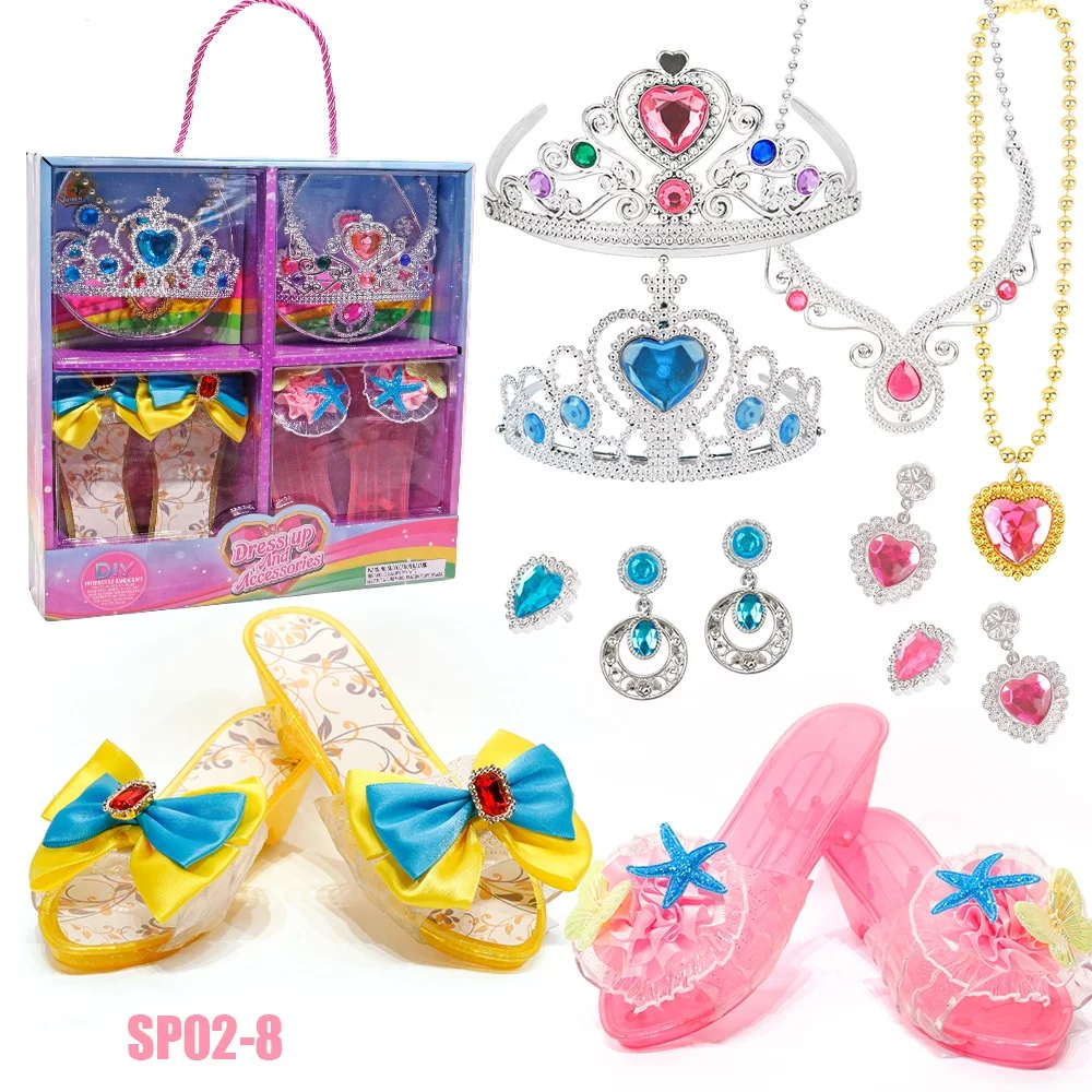 Conjunto de brinquedos de princesa com sapatos de cristal, colar, brincos e caixa de joias para crianças – ideia para festas de aniversário e brincadeiras
