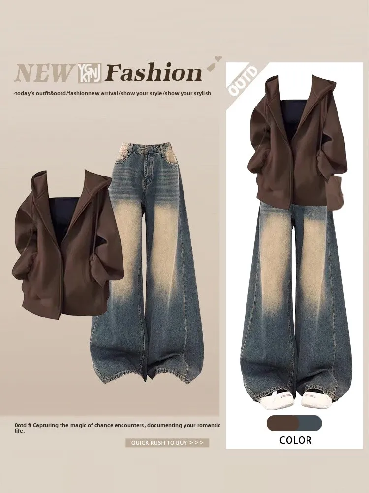 Autunno College Sle Cardigan aperto con cappuccio con cerniera ampia Completo da donna con jeans a gamba larga distranti Set da due pezzi Faionable...