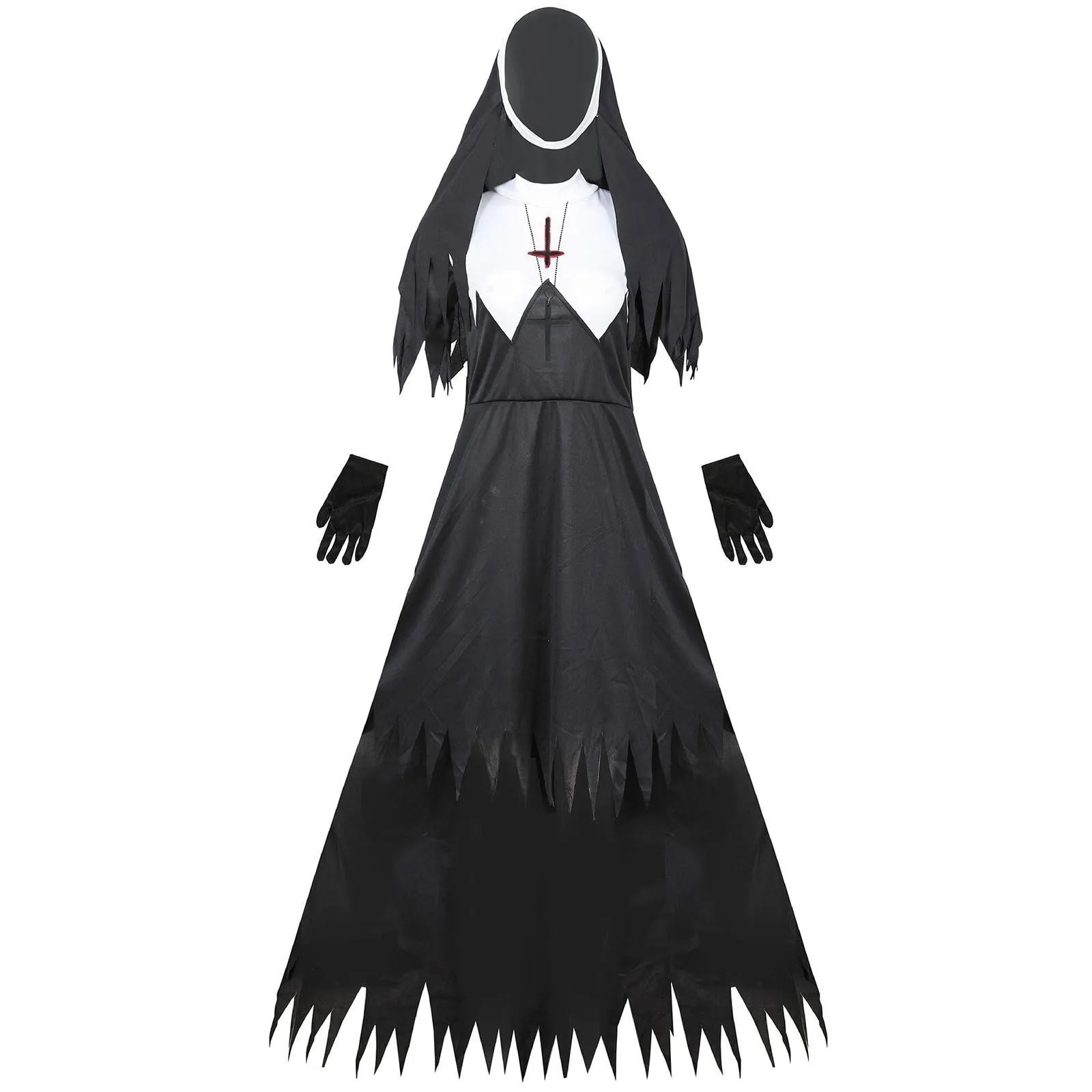 

Halloween Nun Cosplay Costume Women Black Scary Sinful Sister Costumes Vampire Demon Costume Cross Print Long Dress