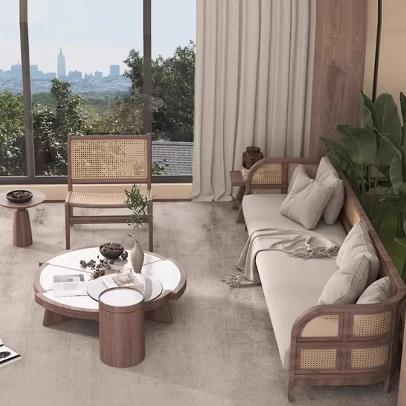 Homestay Log Color Solid Wood Reception Rattan Sofa Sales Office Card Block Hotel Model Room Zen Leisure Sofa