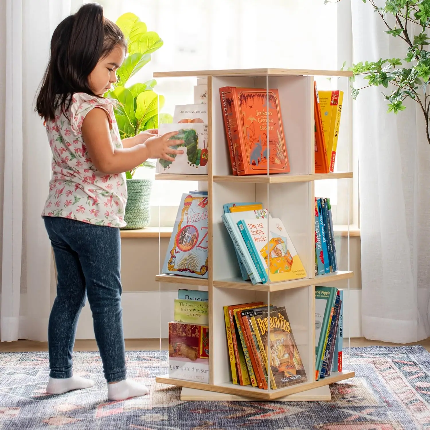 Kids Rotating Bookshelf 360 Spinning Plywood Organizer with Acrylic Windows Montessori Classroom Playroom Storage, Customized
