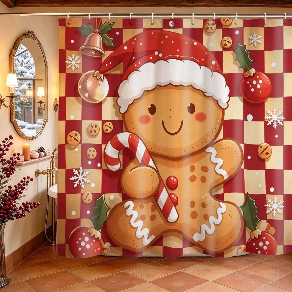 Christmas Shower Curtain Gingerbread Man Snowman Printed Curtain Waterproof Durable Bathroom Home Decor Christmas New Year Gift