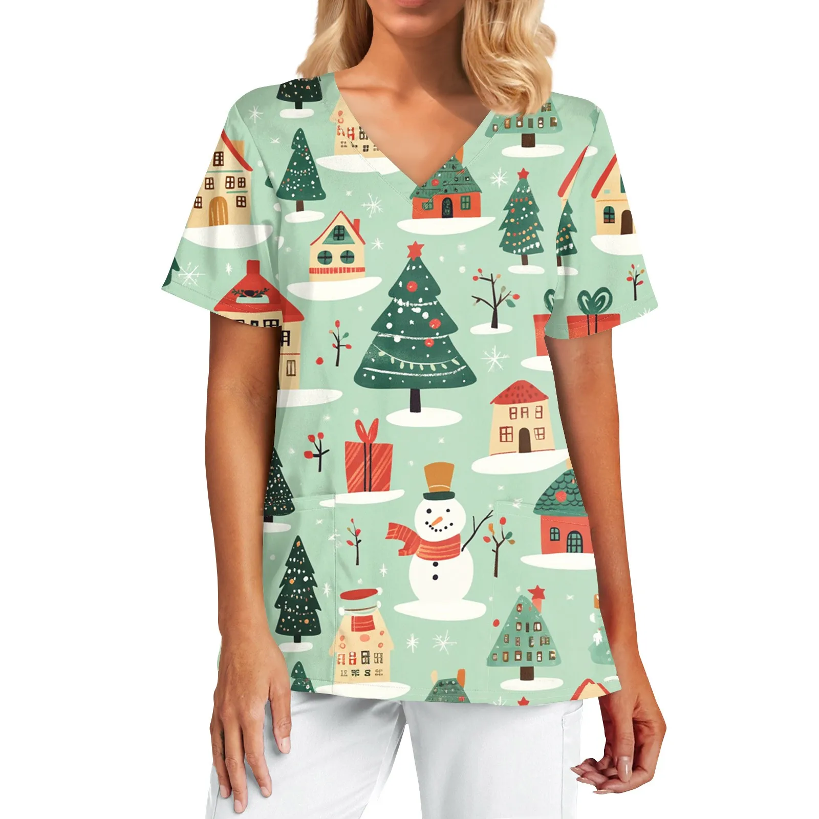 Uniforme sanitário mulher bonito papai noel estampas com decote em v bolsos de manga curta em material micro-elástico topos uniformes clínicos