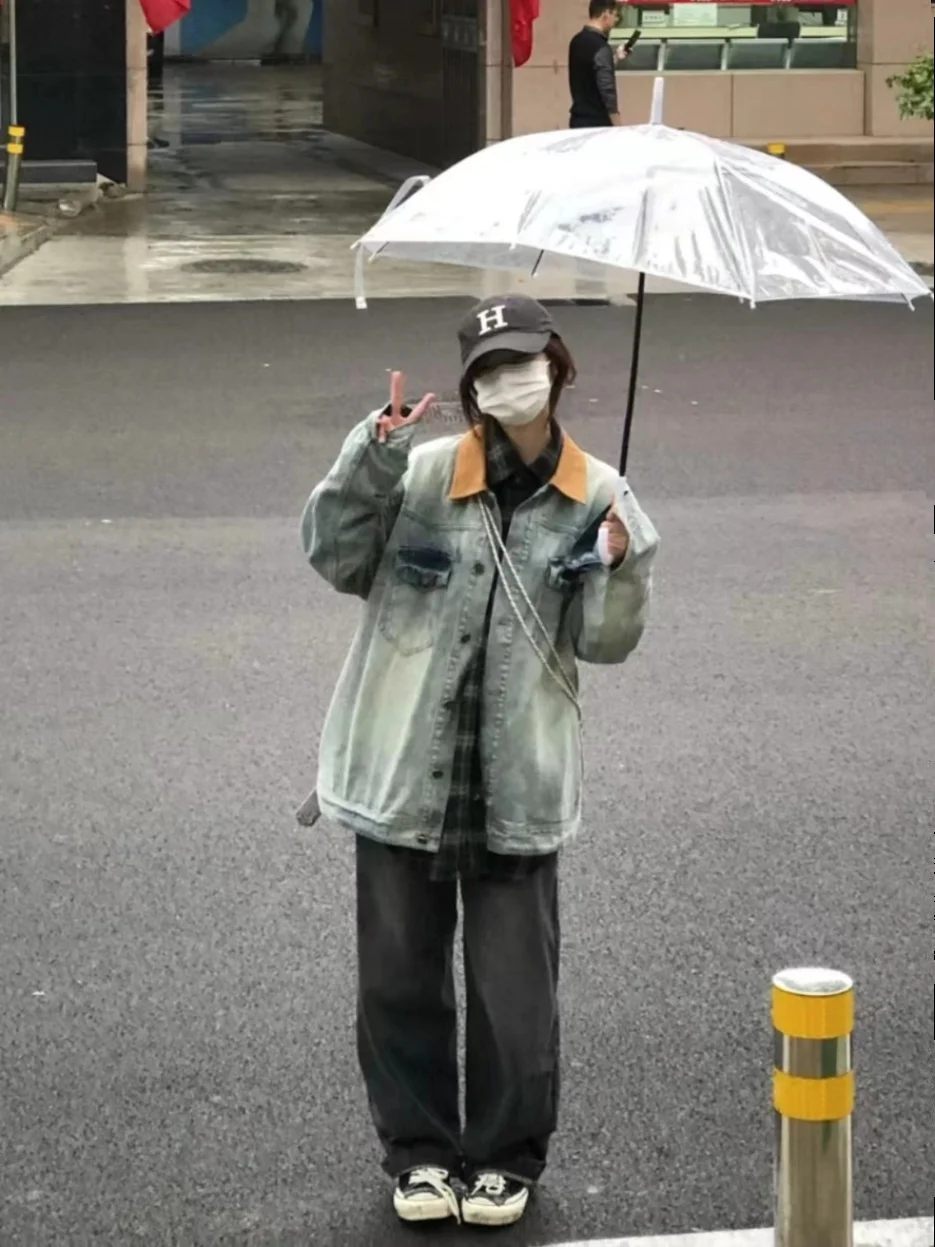 Plus Size Suede Denim Jaet Vrouwen Losse Lange Sve Lente Herfst Retro High Street INS Pendelen Sle met kets Kraag