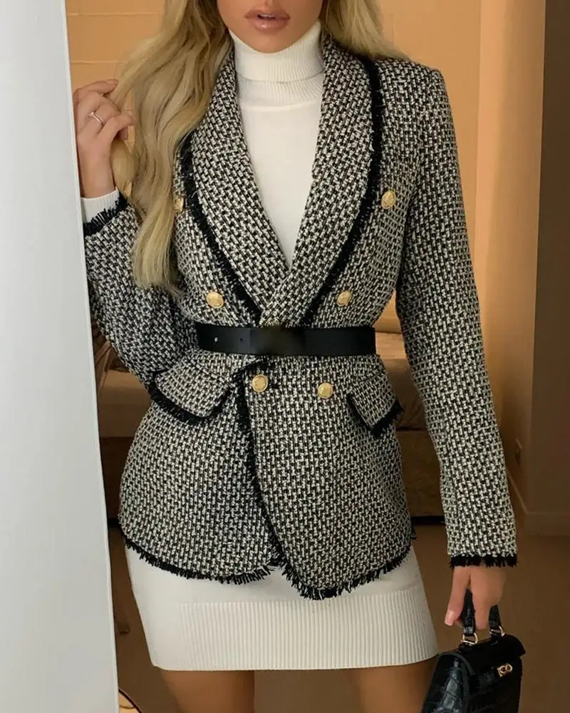 

Elegant Fashion Spring Blazer Women's Long Sleeve Plaid Printed Button Casual Office Lady Blazer Slim Fit Overcoat Outerwear