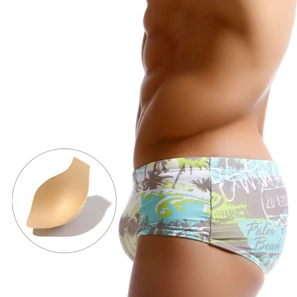 

Men's gray-green island coconut casual small boxer swimming trunks with cup U convex sexy boxers include cups