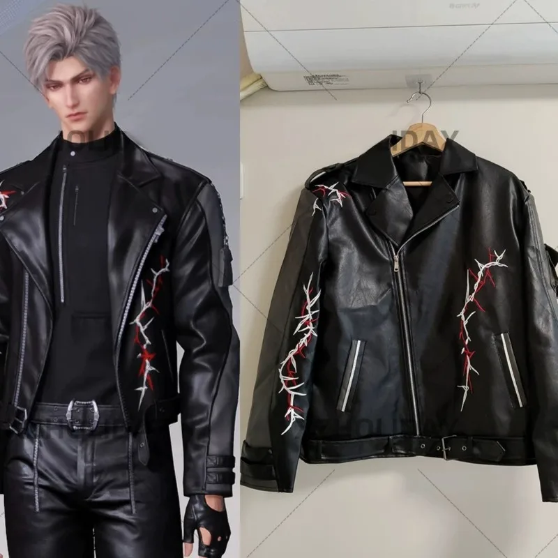 

Sylus Costume Game Love and Deepspace Cosplay Black Embroidery Leather Jacket Cool Top Coat Pants Full Set for Men
