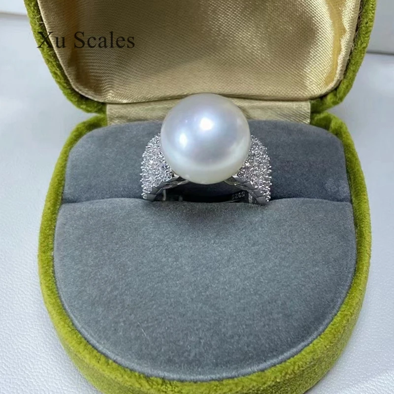 Full Diamond Zircon Surrounding Natural Fresh Water 12-13mm White Pearl Luxury Atmosphere Ring S925 Sterling Silver Jewelry Gift