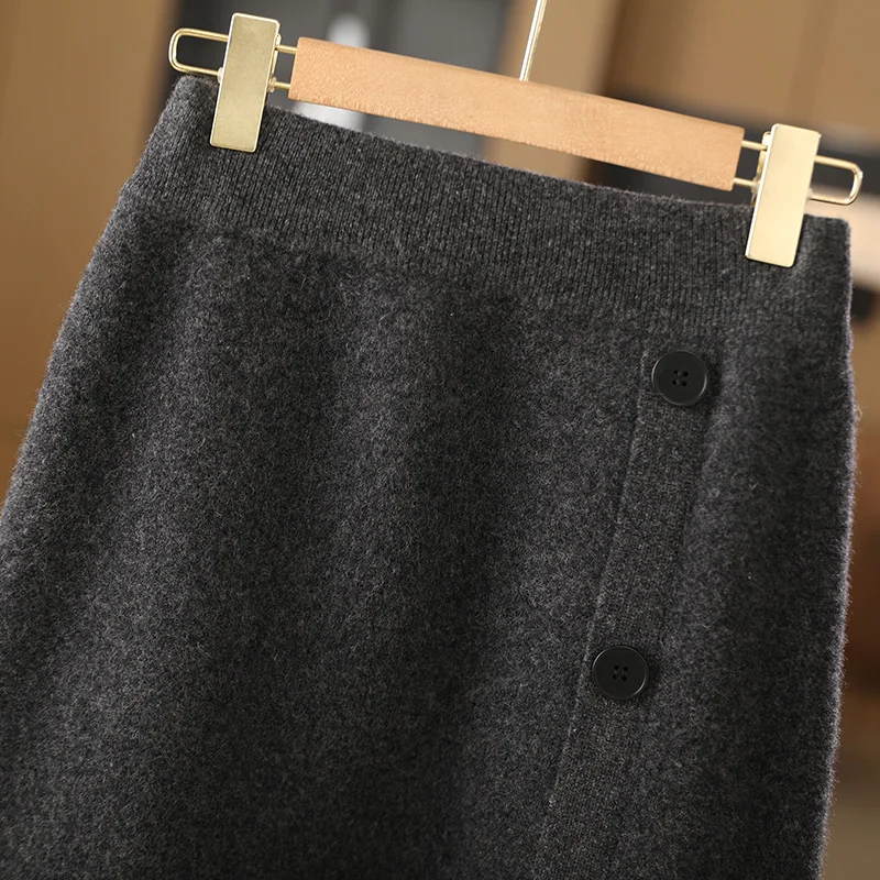 Autumn Winter Women's Pure Wool Skirts 100% Merino Wool Knitwear Elastic Waist Split Solid Slim Grace Soft Casual Pencil Skirt