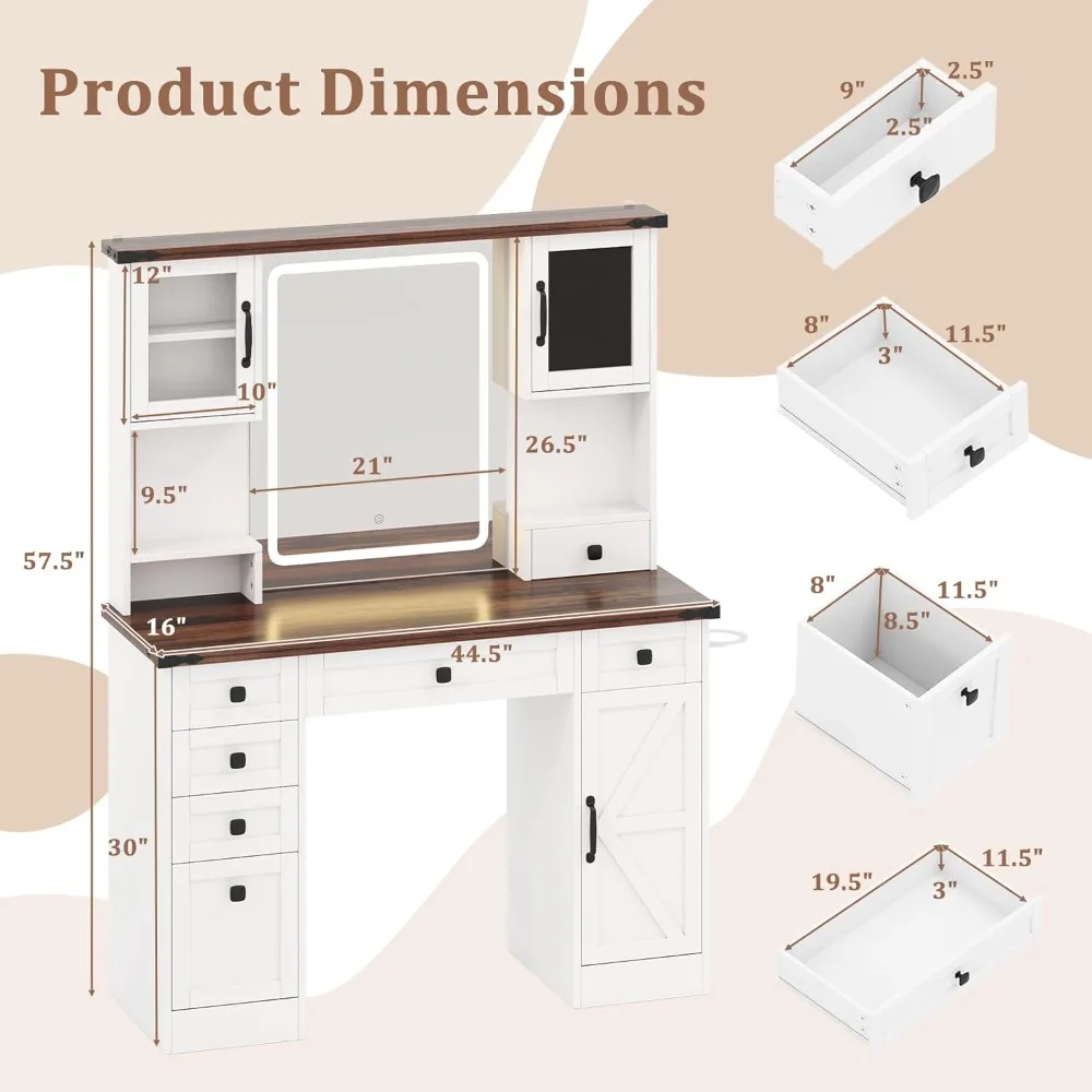 طاولة تزيين مع مرآة وضوء، درج تخزين، محطة شحن، خيارات إضاءة ثلاثية الألوان، قابلة للتعديل #4