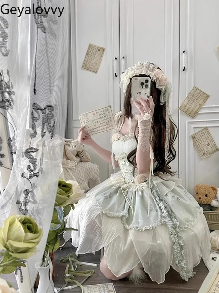 สีเขียวพิมพ์ใหม่สไตล์จีน Elegant Fairy Lolita แขนกุดเอวสูงชุด Lolita สาวหวาน LACE-up ชุดเจ้าหญิง