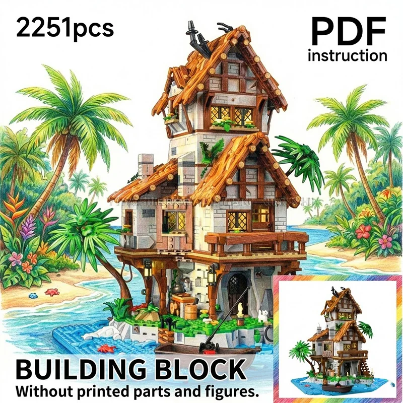 

Модель-конструктор MOC: Средневековая рыбацкая хижина на тропическом острове с лодкой и пальмами