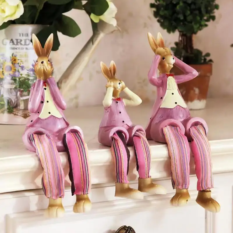 

3pcs/set Resin Crafts Pastoral Cute Rabbit Home Garden Decoration Accessories Bedroom Living Room Rabbits Decor Statue Green