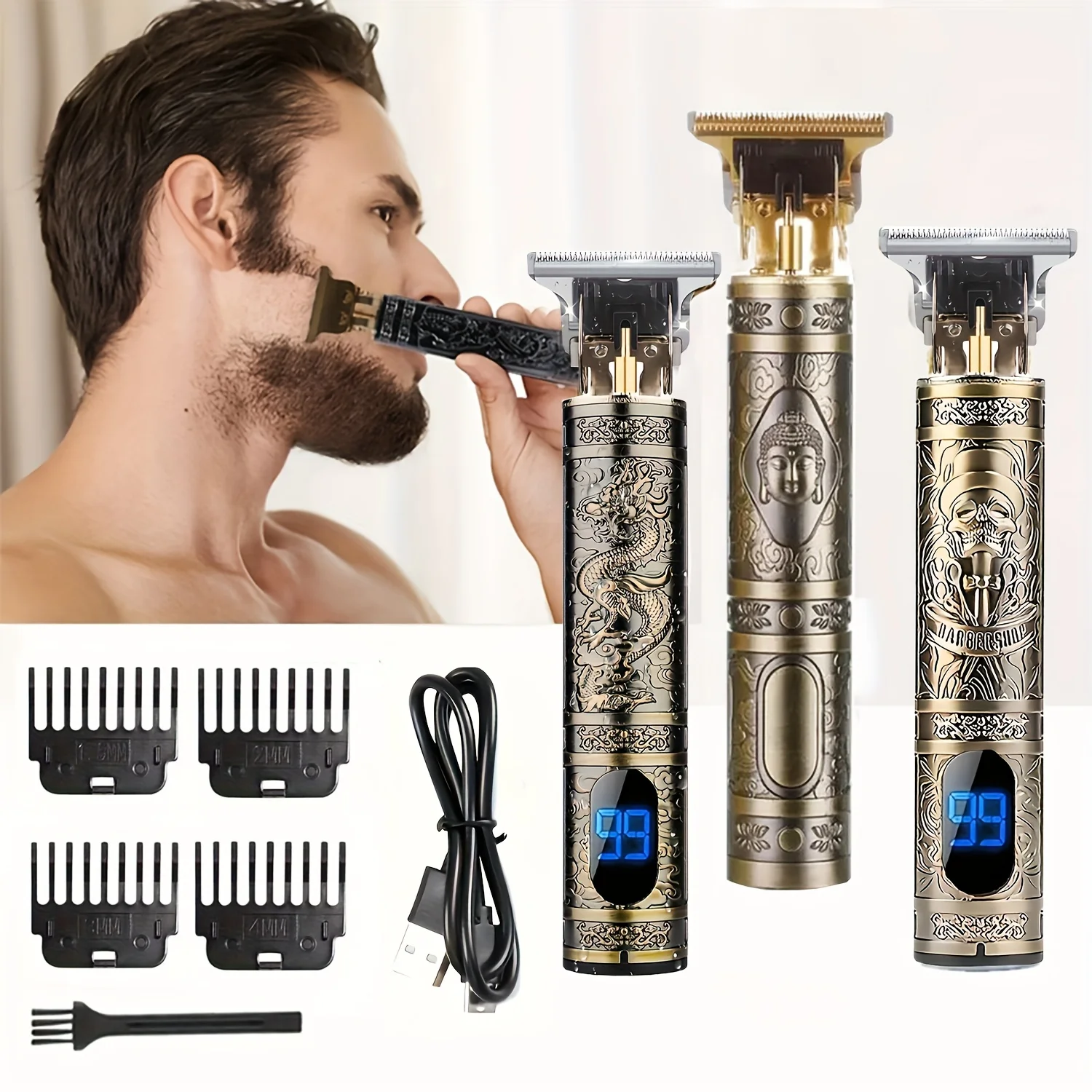 Cordless Hair Clipper, Professional Zero Gapped T Blade Trimmer For Hair Cutting With 4 Guide Combs, Hair Grooming Kit For Home