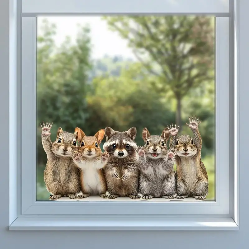 New Cute Forest Animal Window Stickers Squirrel & Raccoon Waving Glass Art Decals For Home Living Room Bedroom