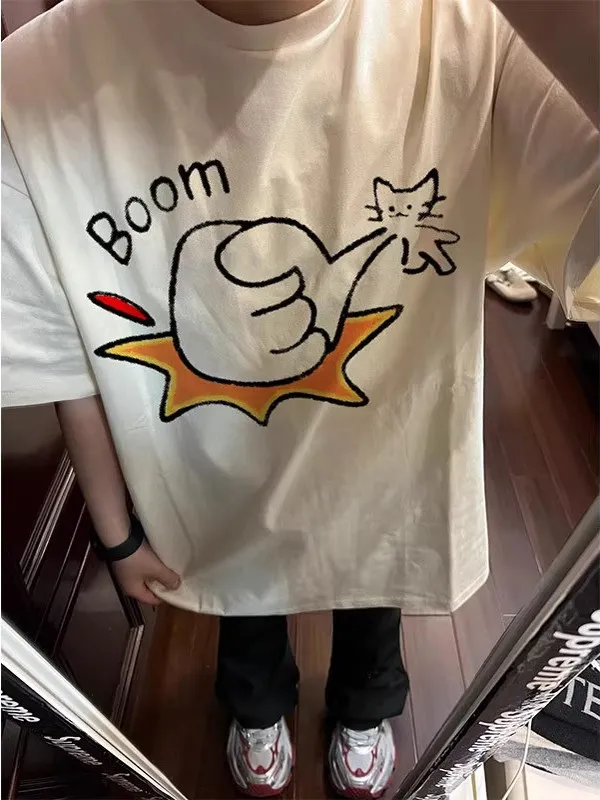 

Heavyweight Pure Cotton Oversized round Ne ort Sve T-irt ex Summer Loose Fit Fun Print Casual Tee for Couples