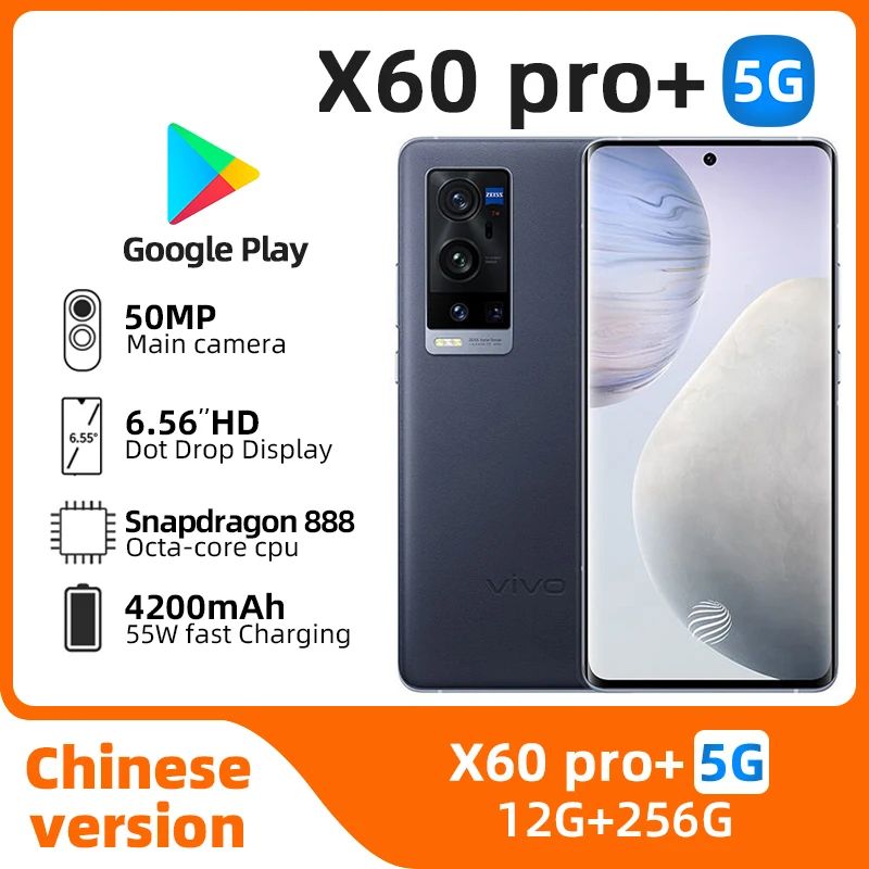 Vivo X60 Pro + plus 5g Android Phone 6.56 "AMOLED 120HZ Snapdragon 888 12GB RAM 256GB ROM 50MP 55W Carregador usado telefone