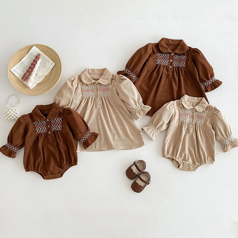 2024 New Autumn Girl Party Dress Long Sleeved Corduroy Embroidery Kids Princess Dresses Baby Girl Romper Children Clothes