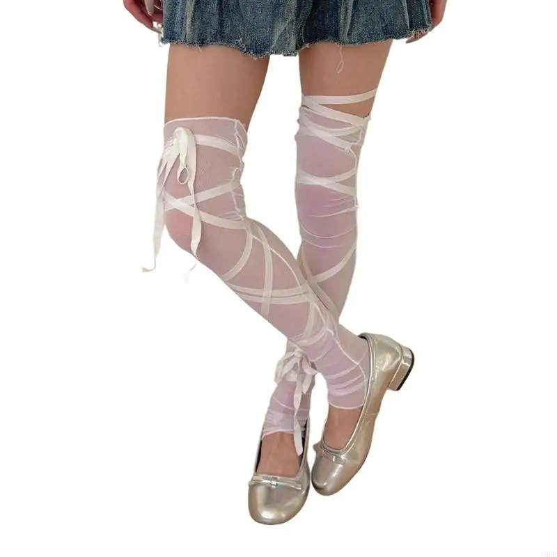 Women Elegant Thigh High Stockings Stretch Long Leg Covers with Ribbon