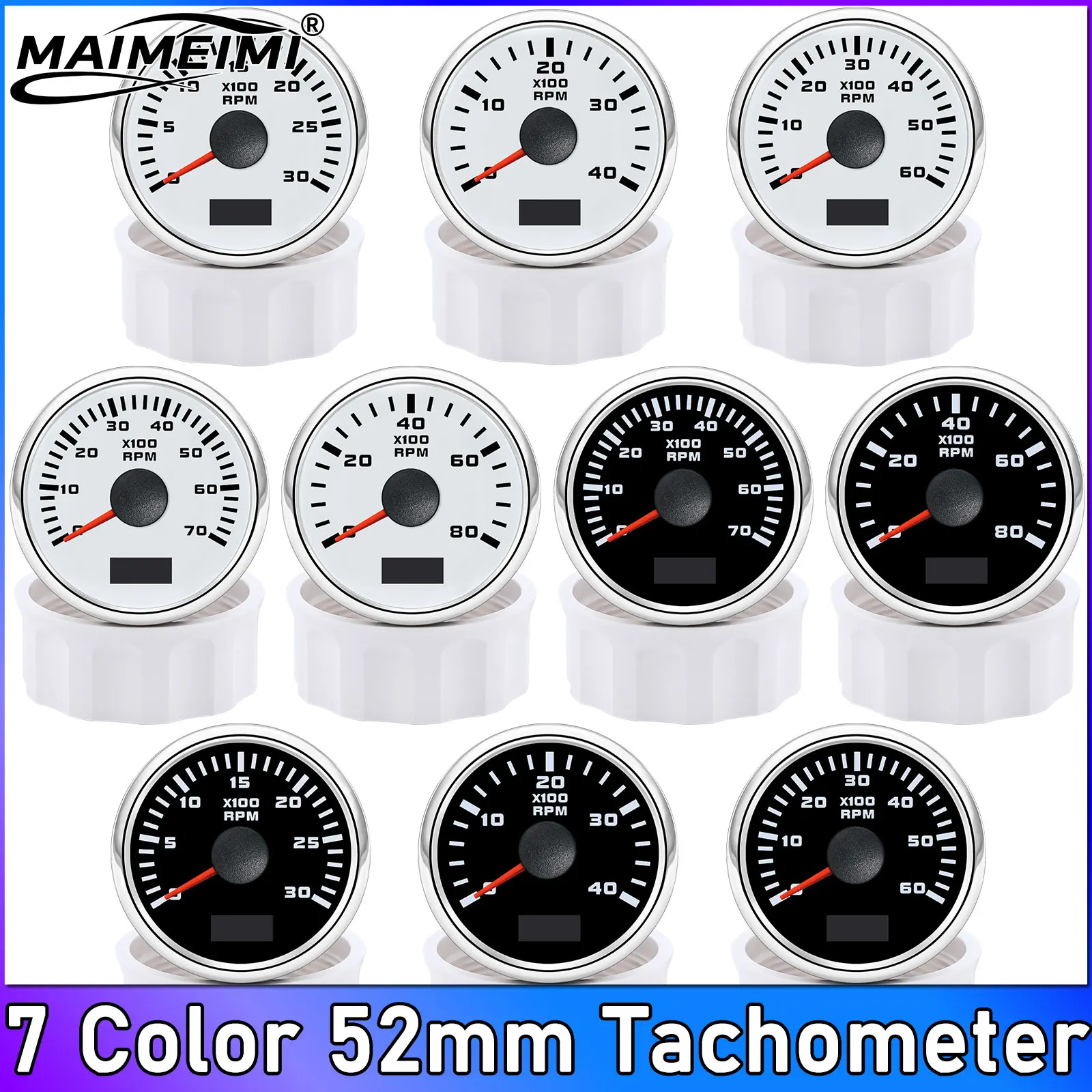 

7-цветная подсветка, тахометр 52 мм, 3000/4000/6000/7000/8000 об/мин для морского автомобиля, лодки, яхты, водонепроницаемый IP67, защита от воды и тумана