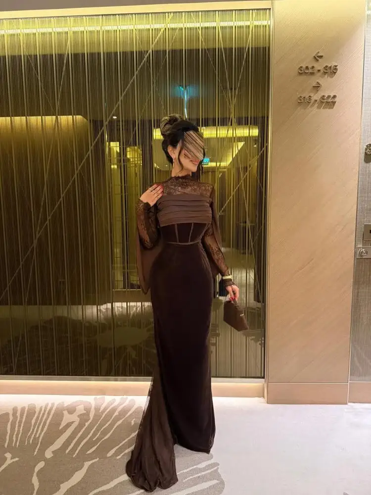 

Jirocum Luxury Brown Lace Mermaid Evening Dresses with Detachable Cape, High-Neck Long Sleeve Formal Gowns for Gala Wedding Prom