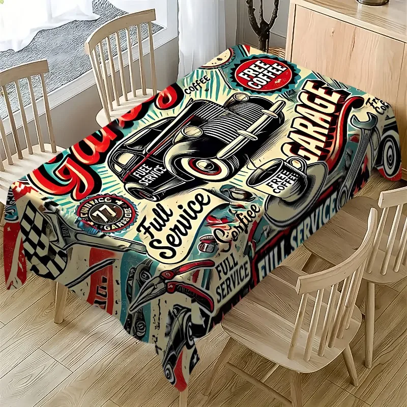 Vintage Car & Coffee-Themed Tablecloth , Ideal for Indoor/Outdoor Dining, Parties, and Home Decor, Machine, Rectangular Shape