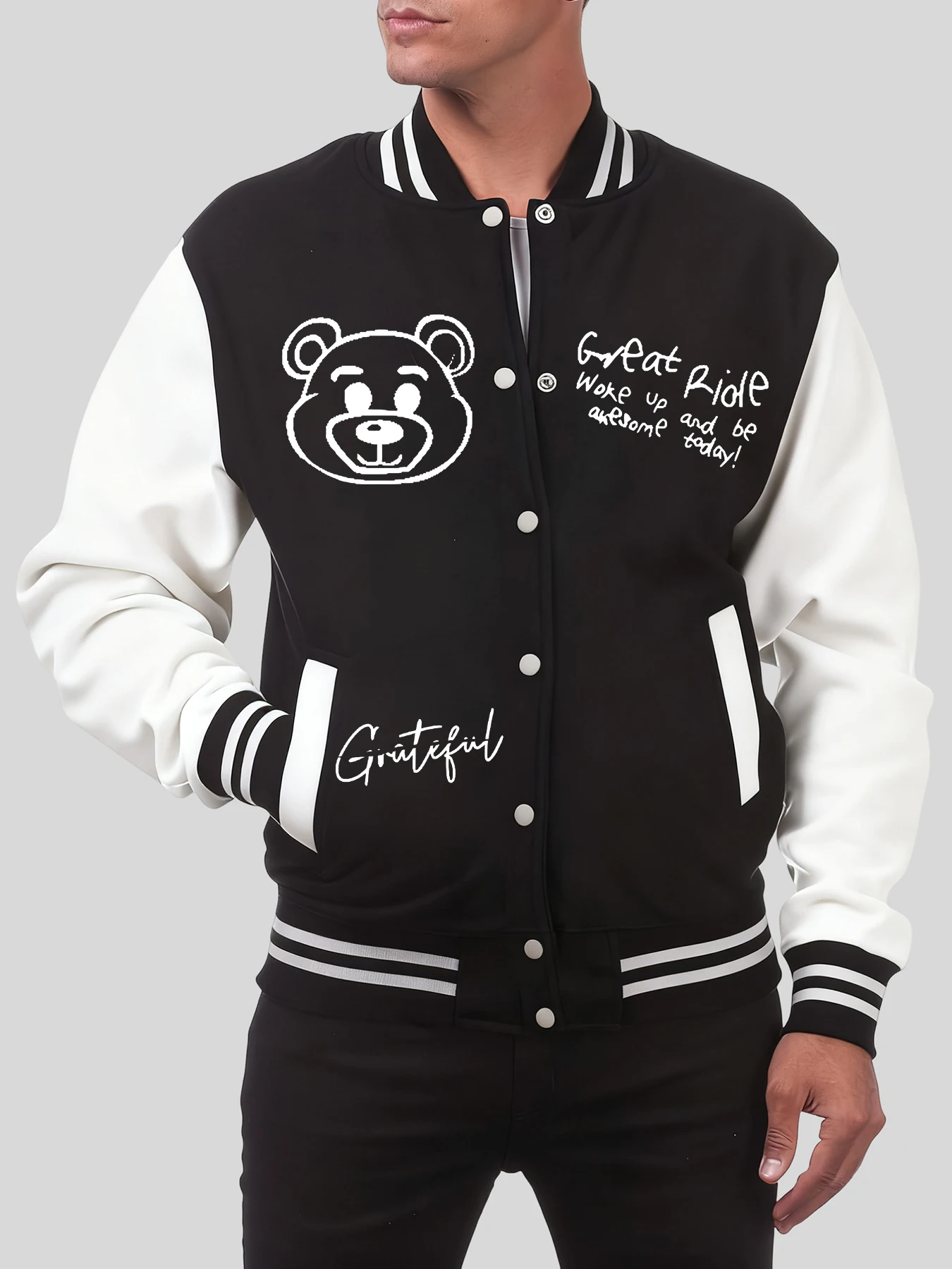 

Artistic Alphabet And Little Bear Prints Baseball Uniform Men Oversized Pocket Clothing Autumn Warm Streetwear Vintage Coats