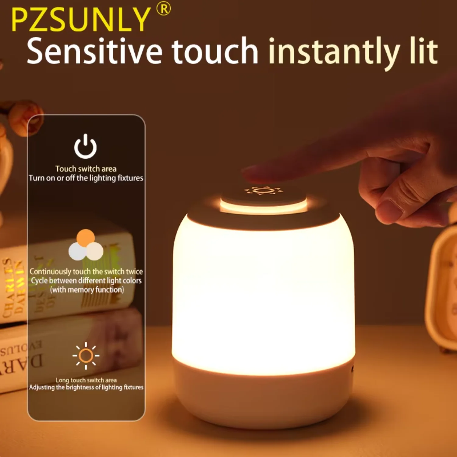 

Lamp Night Light Table Bedside Bedroom with Sensor Portable Desk Gift