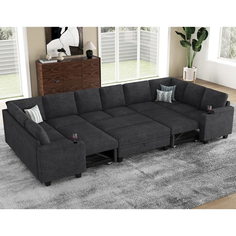 

Большой модульный секционный диван-кровать с выдвижной кроватью. Большие U-образные секционные диваны для гостиной. Темная Геря С