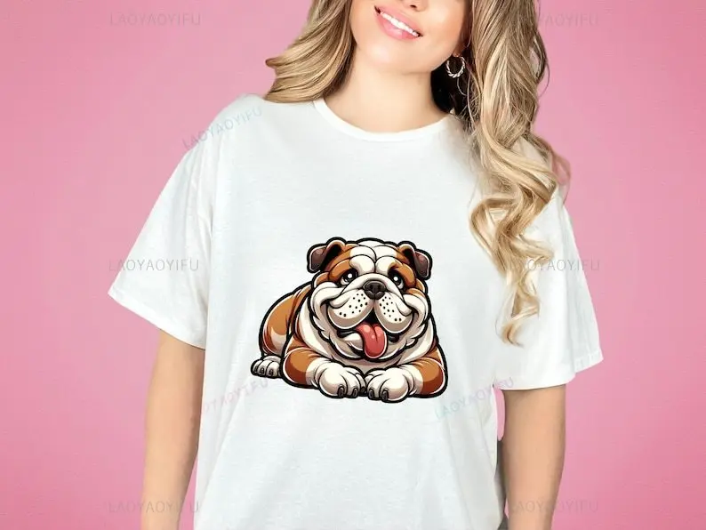 English Bulldog Woman Graphic Tshirt Dog Lover Gift Idea Pet Owner Apparel Casual Wear Animal Illustration Cotton Shirt Tops