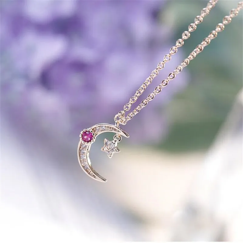 New Temperament Moon And Star 925 Sterling Silver Jewelry Not Allergic Rose Gold White And Pink Crystal Women Necklaces  HZX549