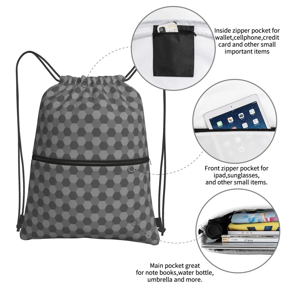 Mochilas hexagonais portáteis com padrão cinza, saco de cordão, bolso multifuncional, sacos de sapatos para estudantes escolares