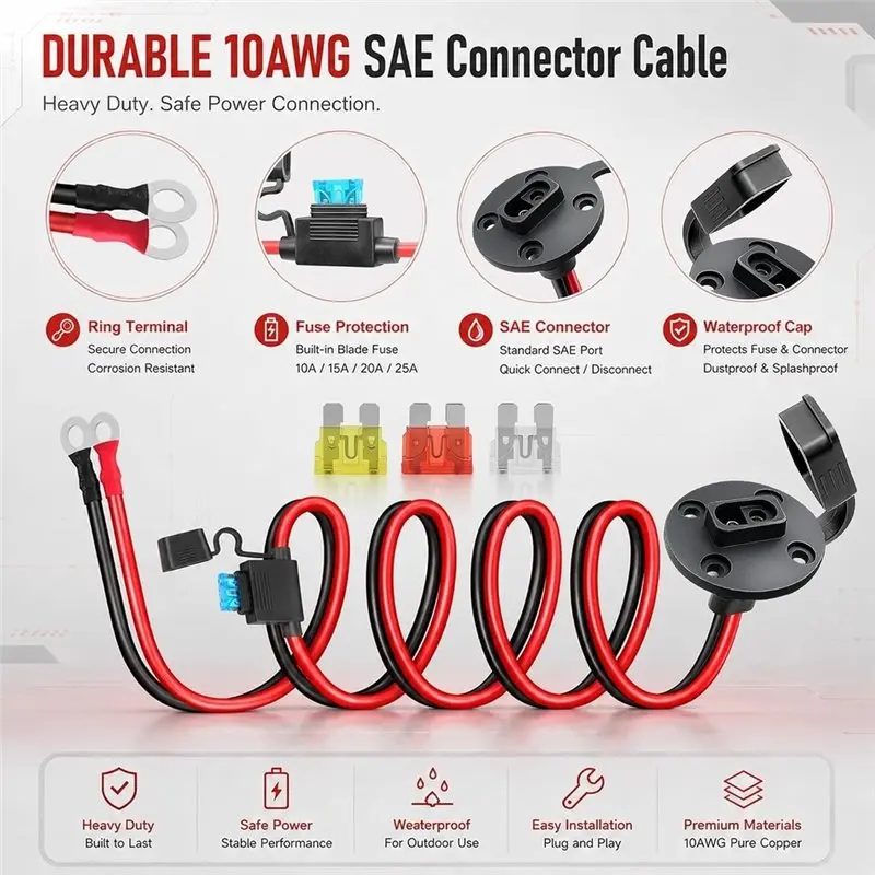 LICE-SAE Connector 10AWG, SAE To O Ring Battery Quick Connect Plug Waterproof Extension Cable For Solar Panel,3.3FT