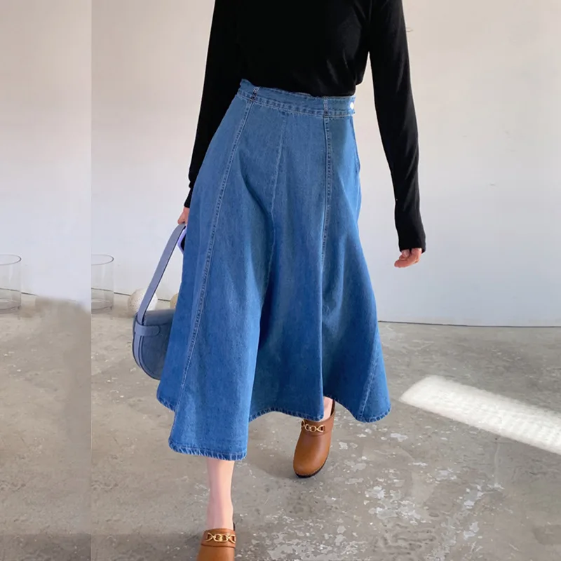 Mittellanger Denim-Midirock für Damen mit hoher Taille – lockere Passform im Frühlings- und Herbststil