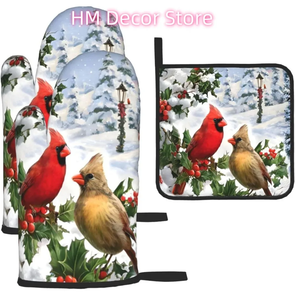 

Winter Cardinal Christmas Oven Mitts and Pot Holders Sets of 3,Heat Resistant Hot Pads Oven Gloves for Cooking Grilling Baking,