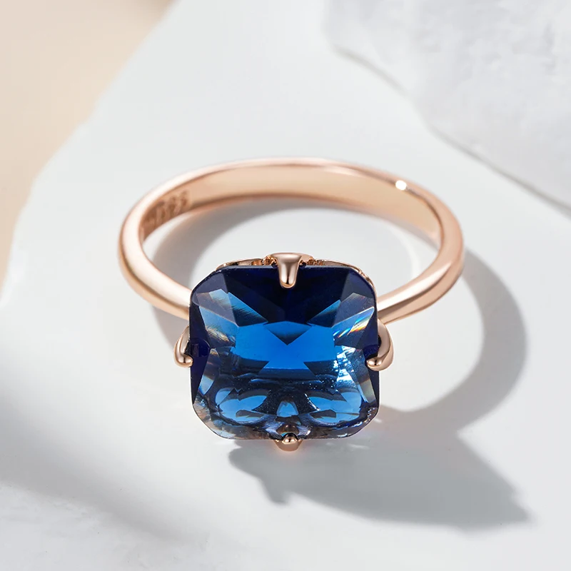 Simple Inlay Square Blue Zircon Rings for Women 585 Golden Fashion Hoop Jewelry Light Luxury Party Accessories Daily Gifts