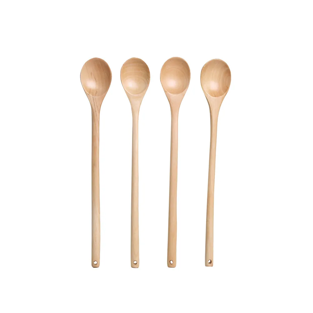 4Pcs High Quality Wooden Kitchen Spoon Set Extra Long Handle Smooth Edges Polished Surface Heavy Duty Mixing Stirring Serving