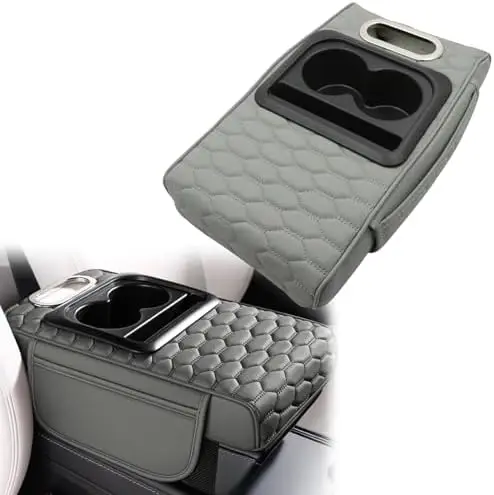 

Universal Gray Car Console Cover with Armrest, Cup Holder, Phone Slot & Tissue Box - Microfiber Leather